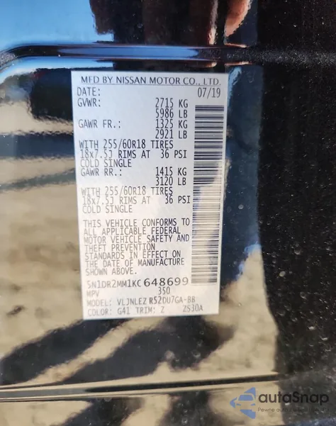 2019 Nissan Pathfinder S z USA, uszkodzony, nr VIN 5N1DR2MM1KC648699